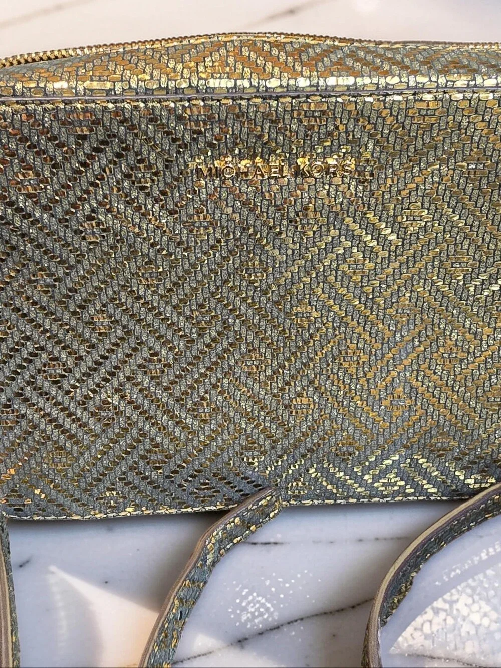 Michael Kors Ginny Camera Bag Metallic Gold Woven Crossbody